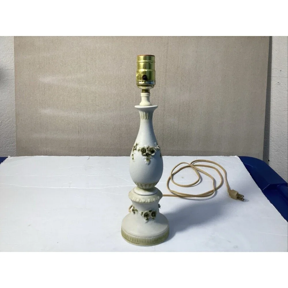 vintage Japanese porcelain lamp applied three dimensional flowers 13.5”